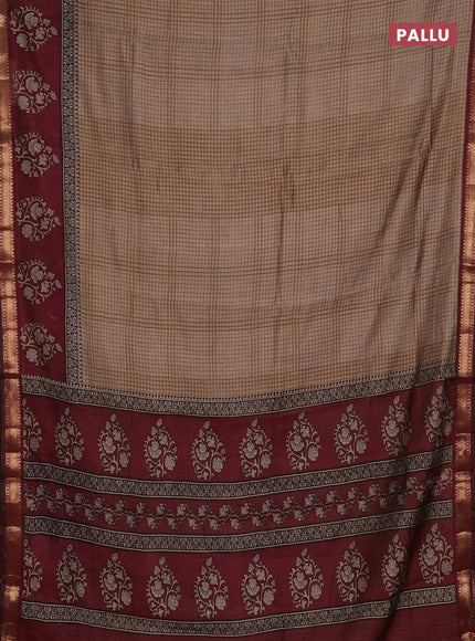 Semi maheshwari cotton saree beige and wine with allover checks pattern and floral butta printed zari woven border