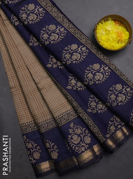 Semi maheshwari cotton saree beige and navy blue with allover checks pattern and floral butta printed zari woven border