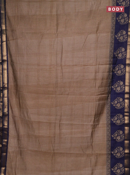Semi maheshwari cotton saree beige and navy blue with allover checks pattern and floral butta printed zari woven border