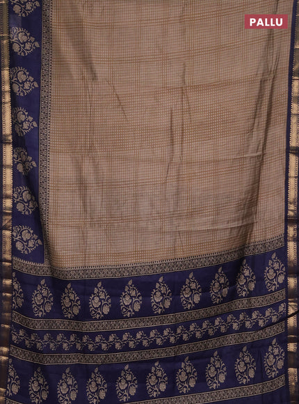 Semi maheshwari cotton saree beige and navy blue with allover checks pattern and floral butta printed zari woven border