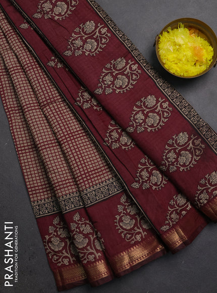 Semi maheshwari cotton saree wine with allover checks pattern and floral butta printed zari woven border