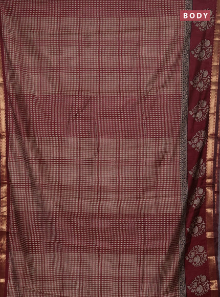 Semi maheshwari cotton saree wine with allover checks pattern and floral butta printed zari woven border