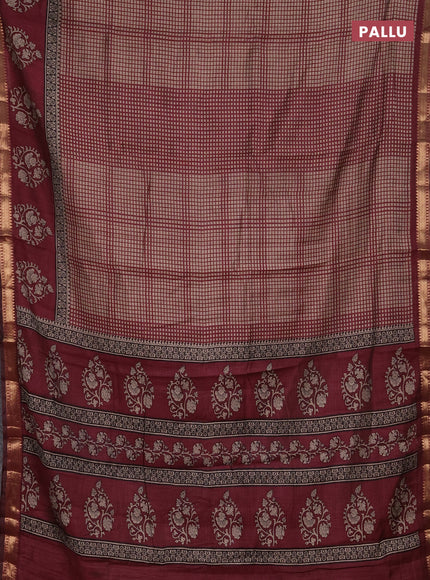 Semi maheshwari cotton saree wine with allover checks pattern and floral butta printed zari woven border