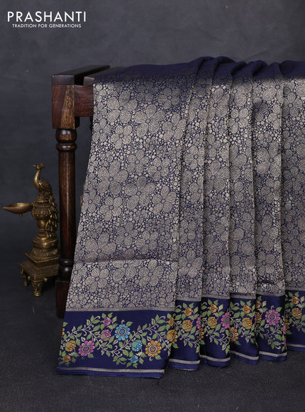 Banarasi silk saree navy blue with allover brocade weaves and mina border
