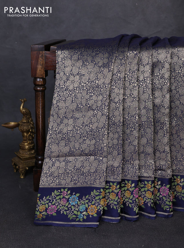 Banarasi silk saree navy blue with allover brocade weaves and mina border