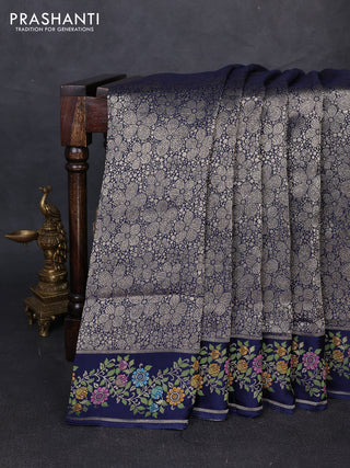 Banarasi silk saree navy blue with allover brocade weaves and mina border