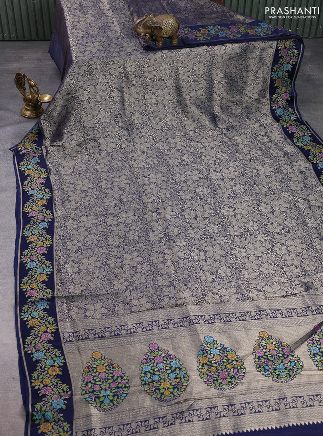 Banarasi silk saree navy blue with allover brocade weaves and mina border
