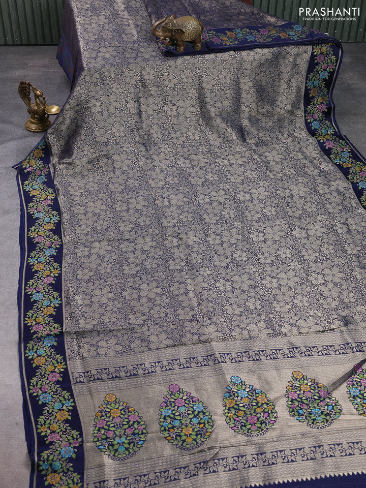Banarasi silk saree navy blue with allover brocade weaves and mina border