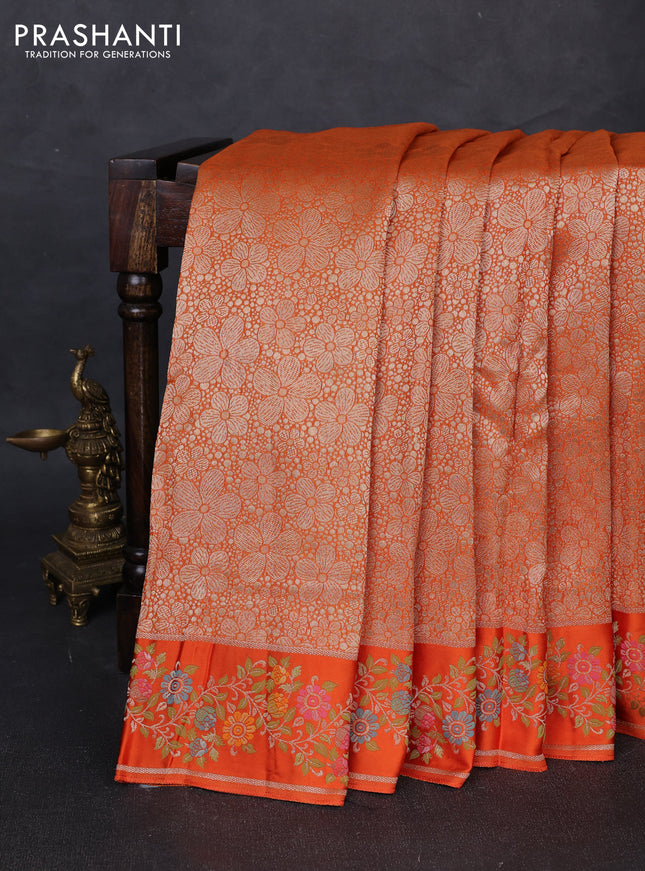 Banarasi silk saree orange with allover brocade weaves and mina border