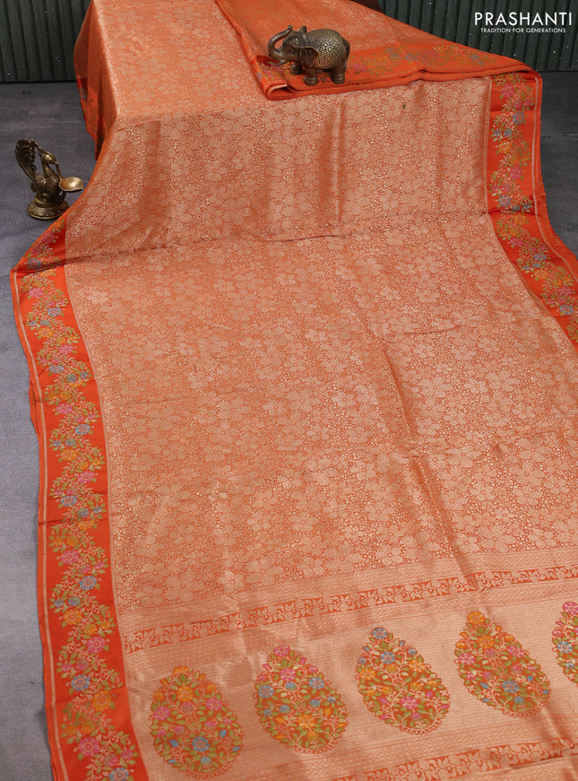 Banarasi silk saree orange with allover brocade weaves and mina border