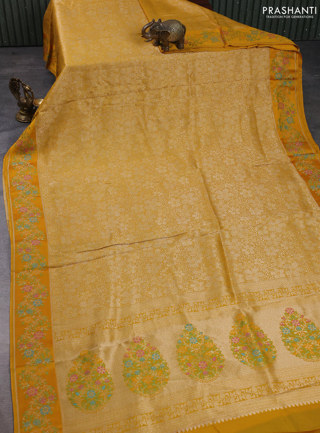 Banarasi silk saree mustard yellow with allover brocade weaves and mina border