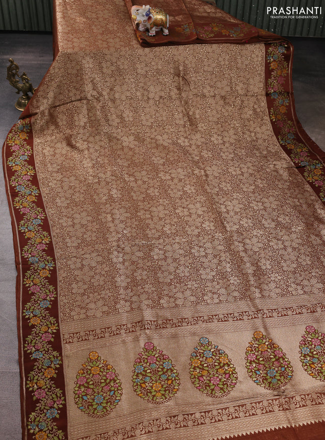 Banarasi silk saree brown with allover brocade weaves and mina border