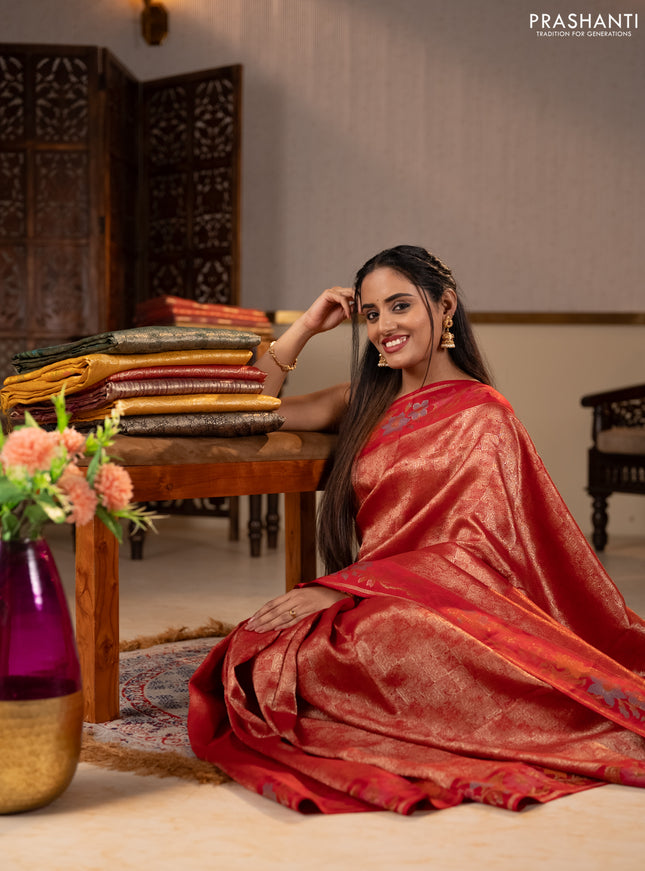 Banarasi silk saree red with allover brocade weaves and mina border