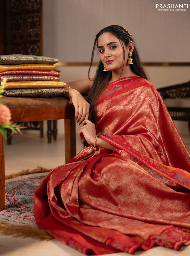 Banarasi silk saree red with allover brocade weaves and mina border