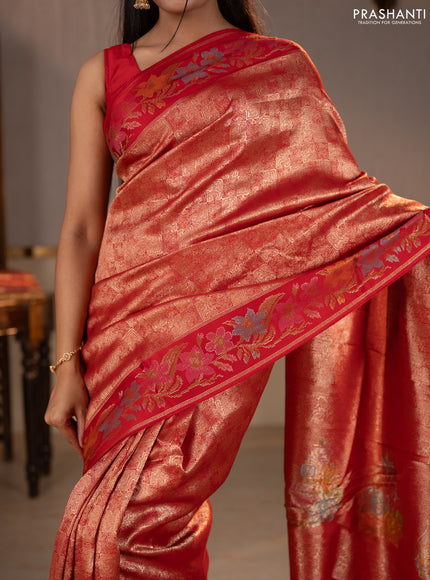 Banarasi silk saree red with allover brocade weaves and mina border