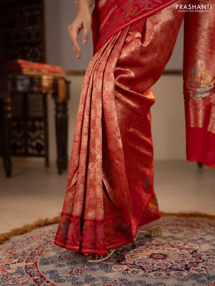 Banarasi silk saree red with allover brocade weaves and mina border