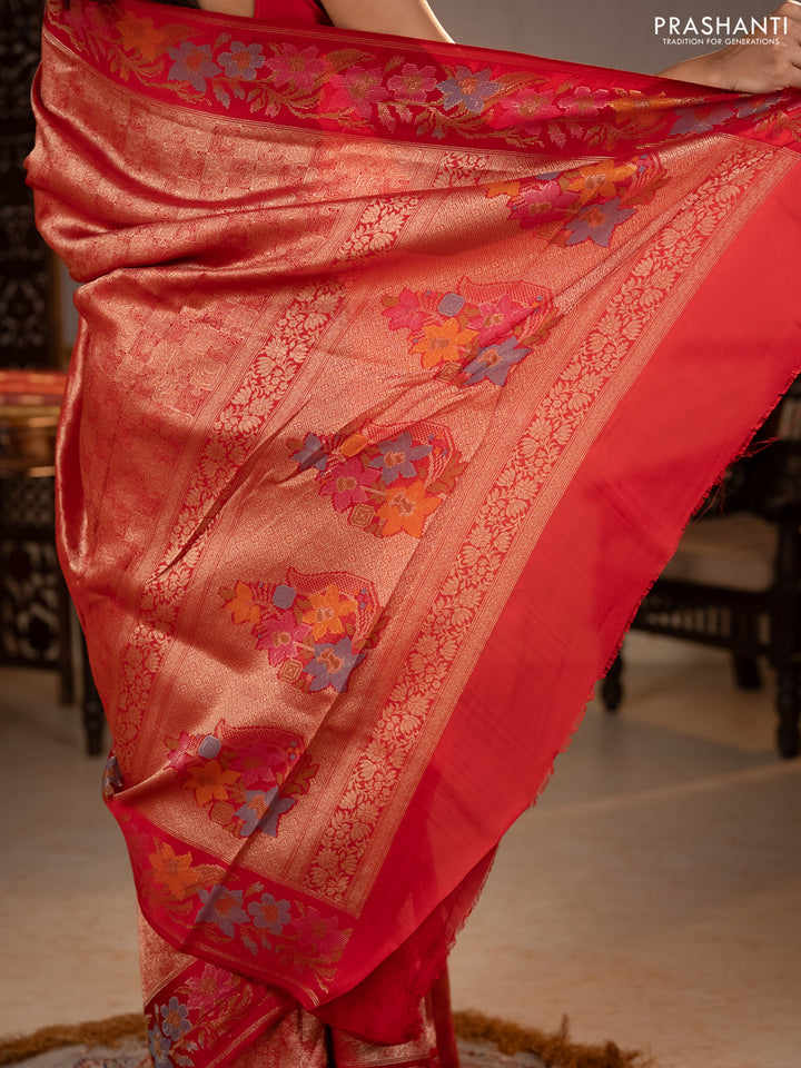 Banarasi silk saree red with allover brocade weaves and mina border
