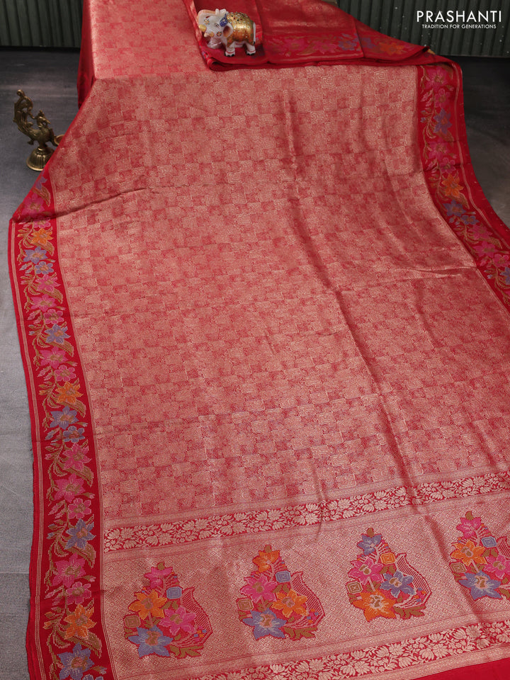Banarasi silk saree red with allover brocade weaves and mina border