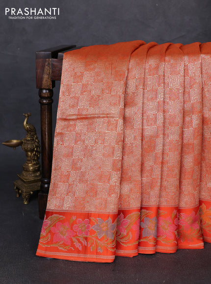 Banarasi silk saree orange with allover brocade weaves and mina border