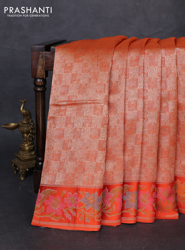 Banarasi silk saree orange with allover brocade weaves and mina border