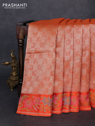 Banarasi silk saree orange with allover brocade weaves and mina border