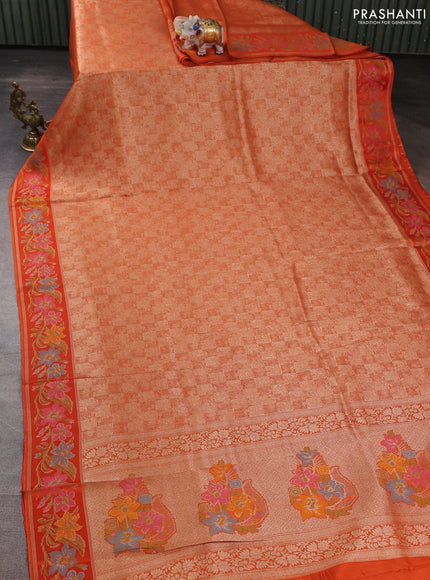 Banarasi silk saree orange with allover brocade weaves and mina border