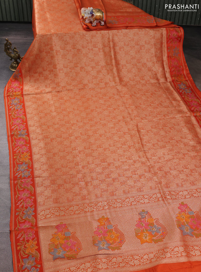 Banarasi silk saree orange with allover brocade weaves and mina border