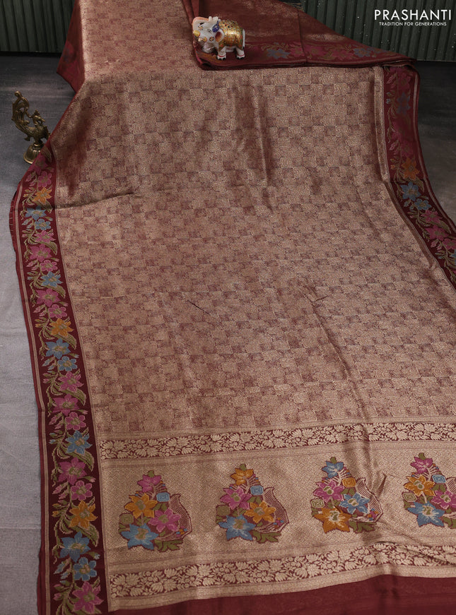 Banarasi silk saree brown with allover brocade weaves and mina border
