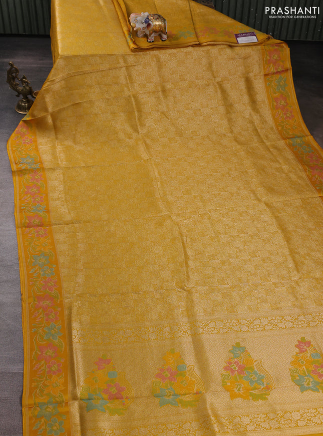 Banarasi silk saree mustard yellow with allover brocade weaves and mina border