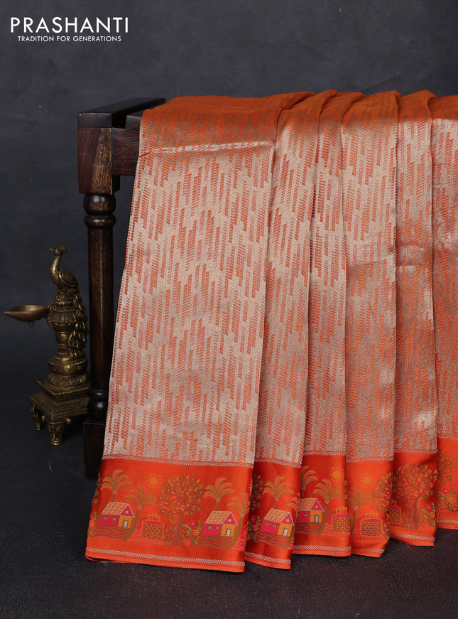 Banarasi silk saree orange with allover brocade weaves and mina border