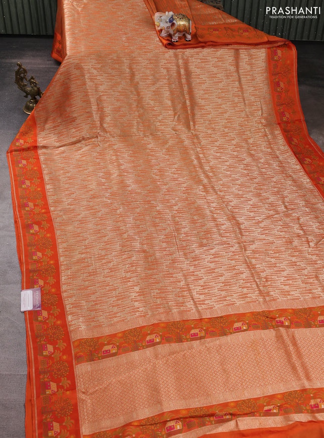Banarasi silk saree orange with allover brocade weaves and mina border