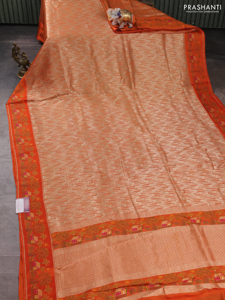 Banarasi silk saree orange with allover brocade weaves and mina border