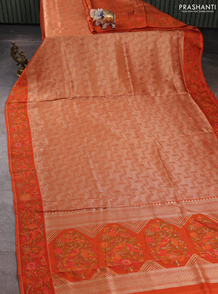 Banarasi silk saree orange with allover brocade weaves and mina border