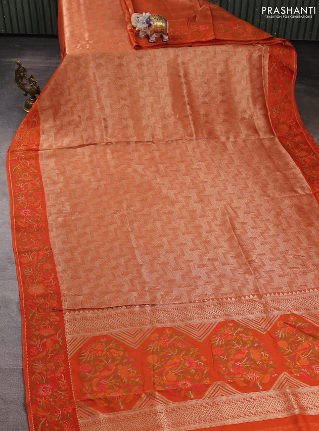 Banarasi silk saree orange with allover brocade weaves and mina border