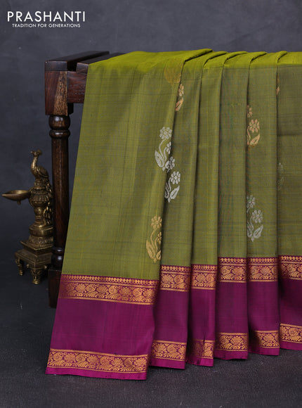 Pure uppada silk saree mehendi green and purple with silver & gold zari woven floral buttas and rettapet zari woven border