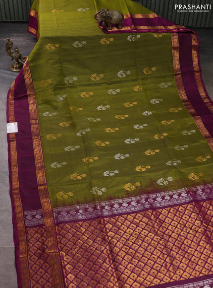 Pure uppada silk saree mehendi green and purple with silver & gold zari woven floral buttas and rettapet zari woven border