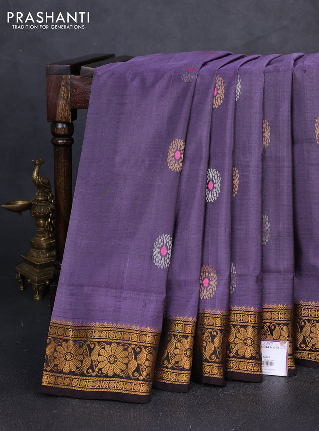 Pure uppada silk saree pastel purple and coffee brown with silver & gold zari woven buttas and zari woven border