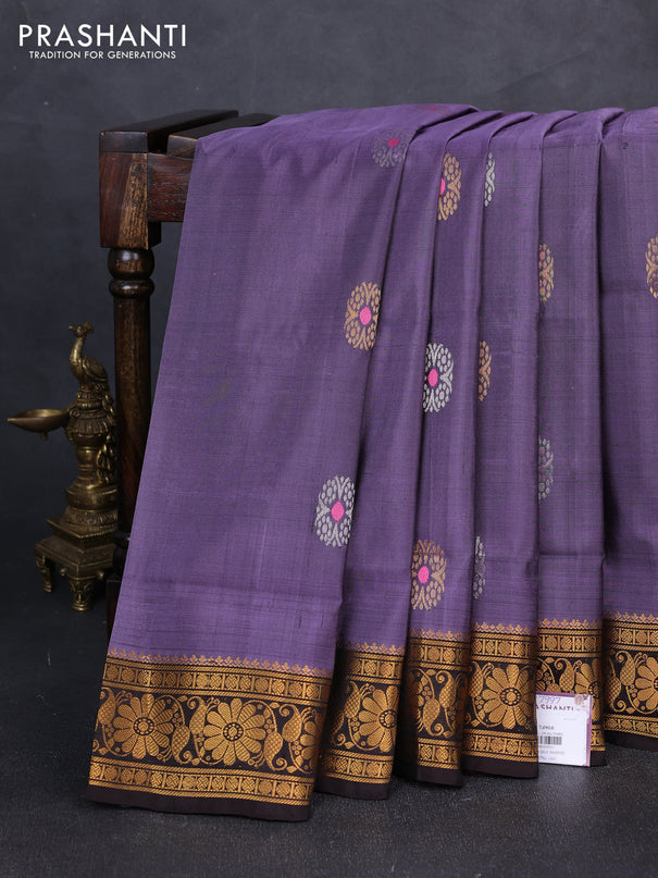 Pure uppada silk saree pastel purple and coffee brown with silver & gold zari woven buttas and zari woven border