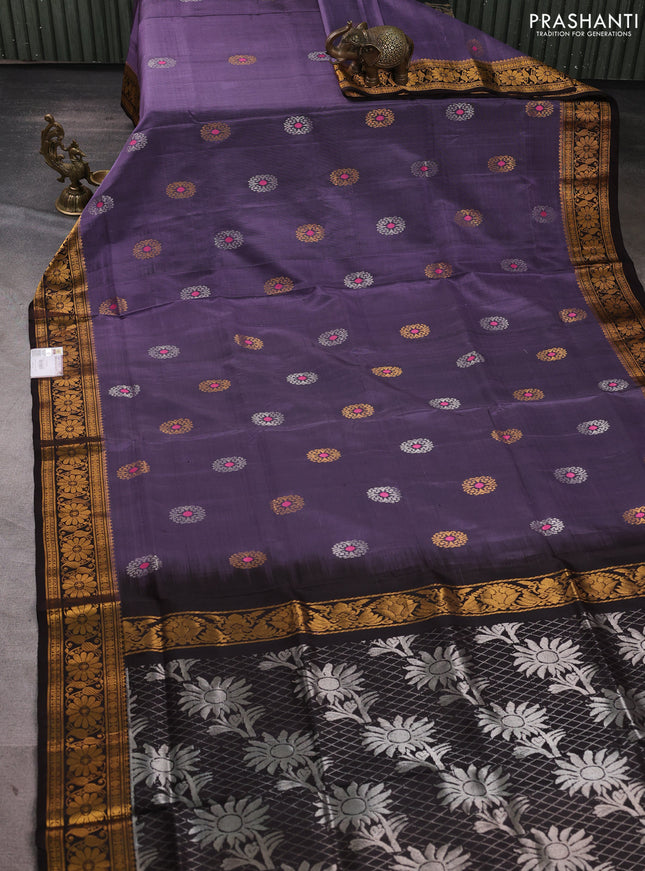 Pure uppada silk saree pastel purple and coffee brown with silver & gold zari woven buttas and zari woven border