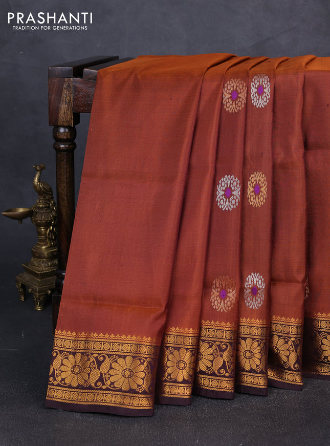 Pure uppada silk saree rust shade and coffee brown with silver & gold zari woven buttas and zari woven border