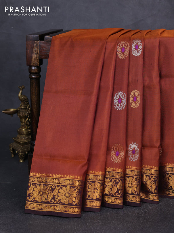 Pure uppada silk saree rust shade and coffee brown with silver & gold zari woven buttas and zari woven border