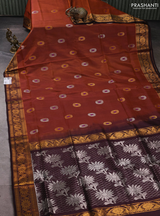 Pure uppada silk saree rust shade and coffee brown with silver & gold zari woven buttas and zari woven border