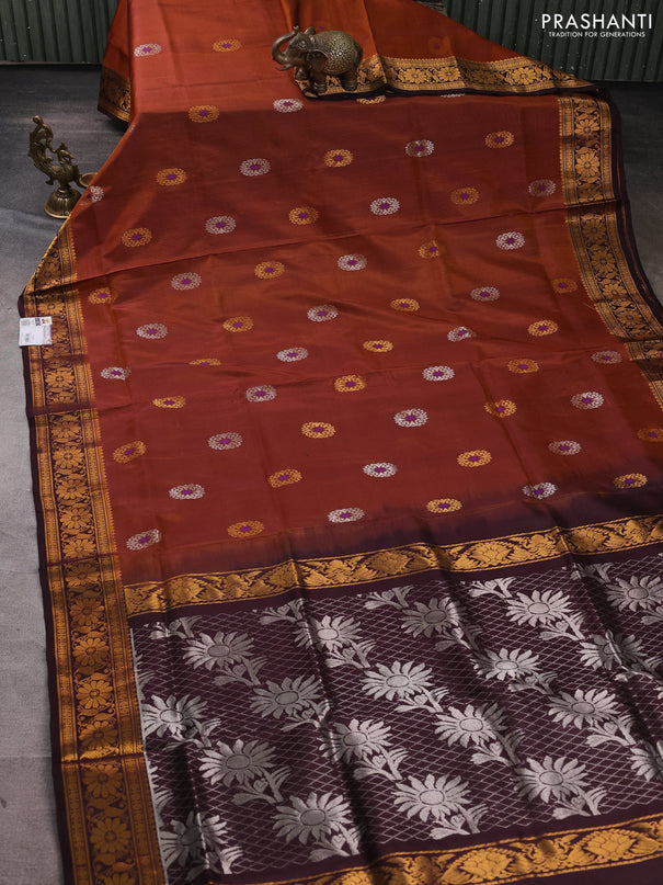 Pure uppada silk saree rust shade and coffee brown with silver & gold zari woven buttas and zari woven border