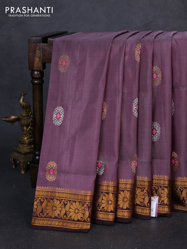 Pure uppada silk saree pastel pink and coffee brown with silver & gold zari woven buttas and zari woven border