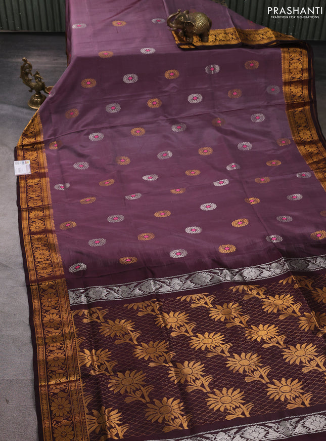 Pure uppada silk saree pastel pink and coffee brown with silver & gold zari woven buttas and zari woven border