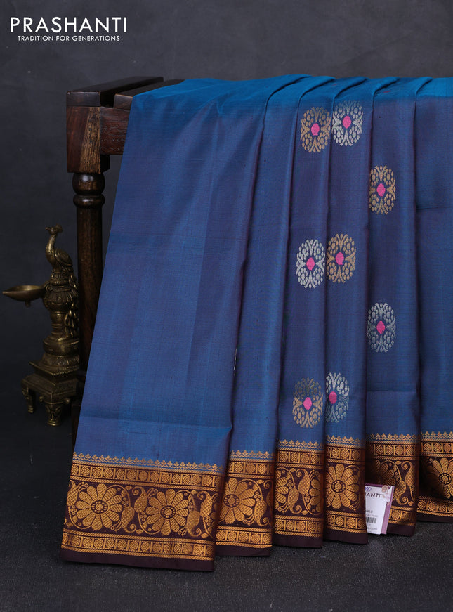 Pure uppada silk saree peacock blue and coffee brown with silver & gold zari woven buttas and zari woven border