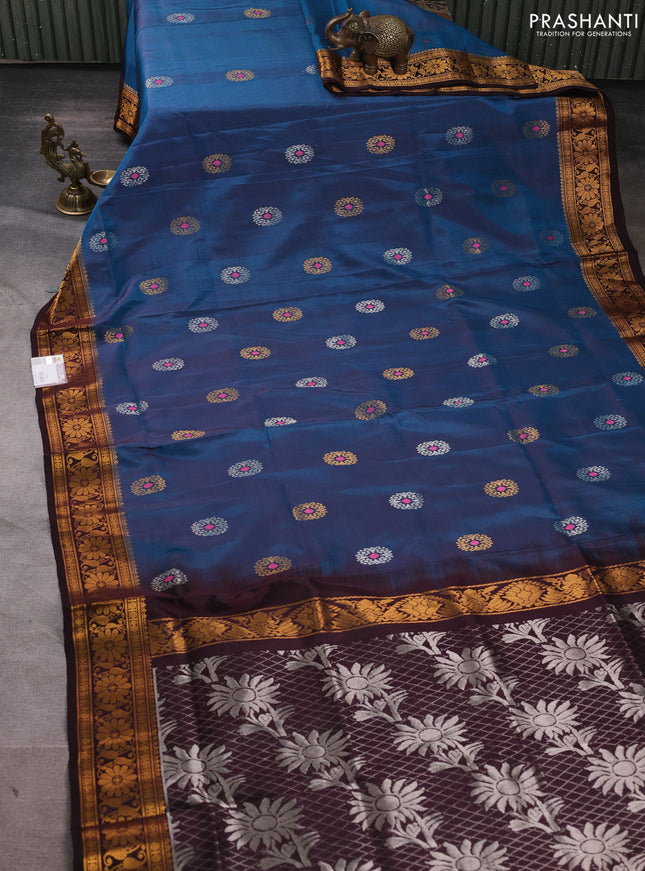 Pure uppada silk saree peacock blue and coffee brown with silver & gold zari woven buttas and zari woven border