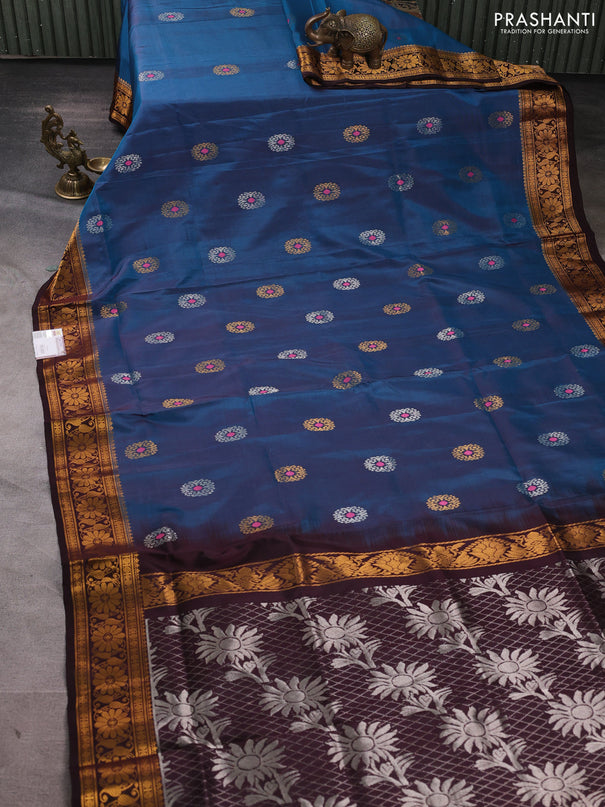Pure uppada silk saree peacock blue and coffee brown with silver & gold zari woven buttas and zari woven border