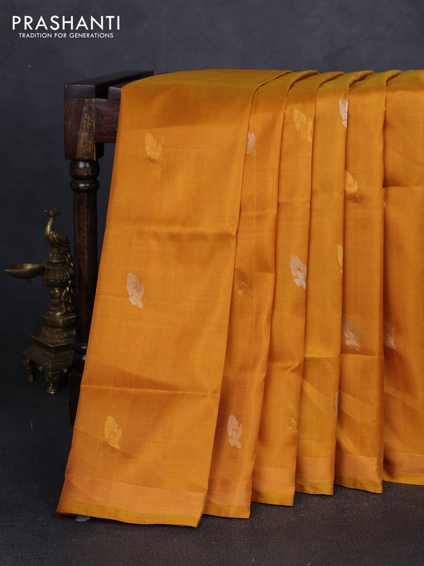 Pure uppada silk saree mustard yellow with silver & gold zari woven buttas and jamdhani pallu