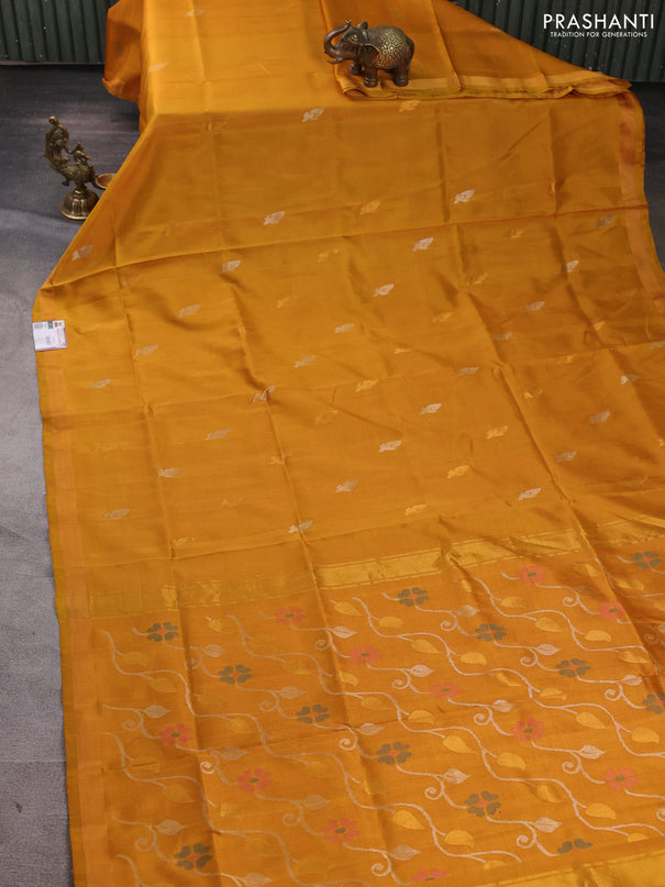 Pure uppada silk saree mustard yellow with silver & gold zari woven buttas and jamdhani pallu